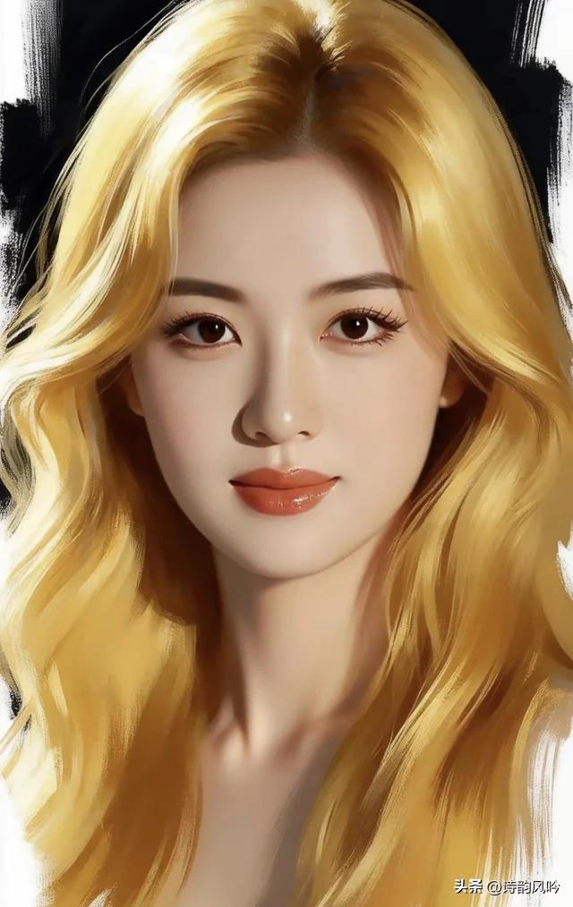 金缕柔丝覆玉颜，
星眸含露意绵绵。
丹唇轻启春风暖，
粉面含桃更娇艳。