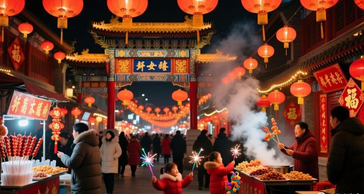 热闹的新年庙会街头景象