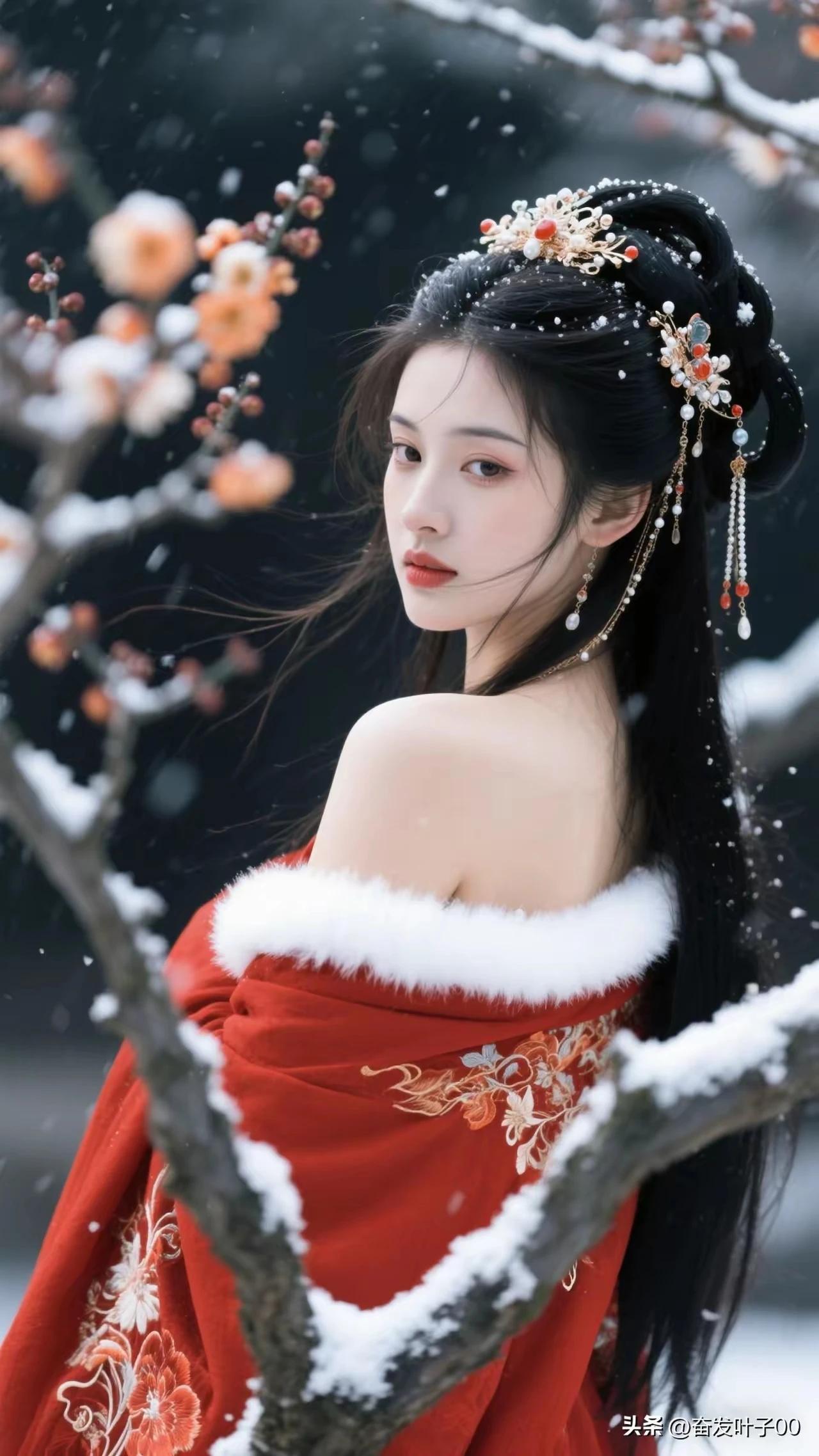 红衣白雪，古典美人。
梅雪相依，梅雪迎春。
梅雪争春未肯降，
骚人阁笔费评章。