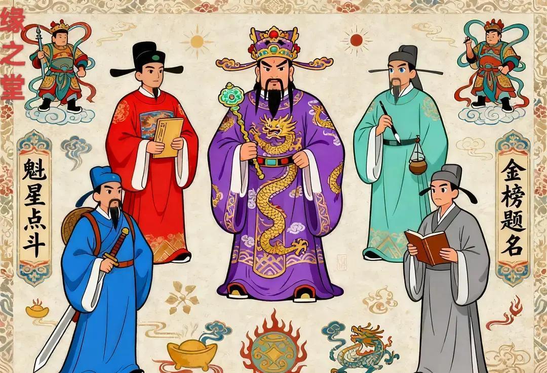 文昌五圣赞‌
文昌帝君，掌文衡而司禄籍，士林仰其德泽；
魁星执笔，点鳌头而启文明