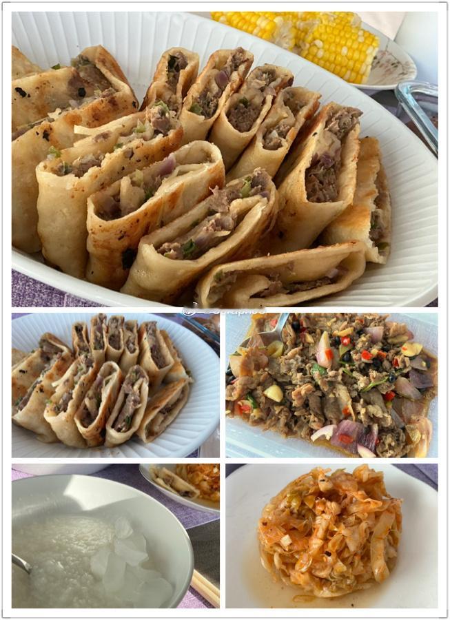 😀5张牛肉饼，1碗加🧊白粥，泡菜，子姜牛肉，🌽周日完美ending, th
