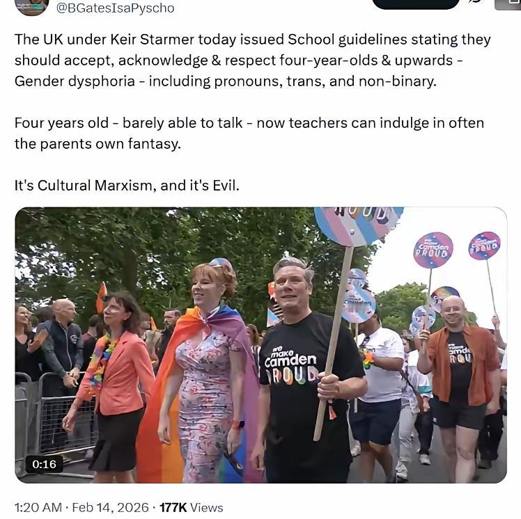 英国首相上街游行，手持彩虹旗，带头支持性别焦虑


基尔·斯塔默当局发布了学校指