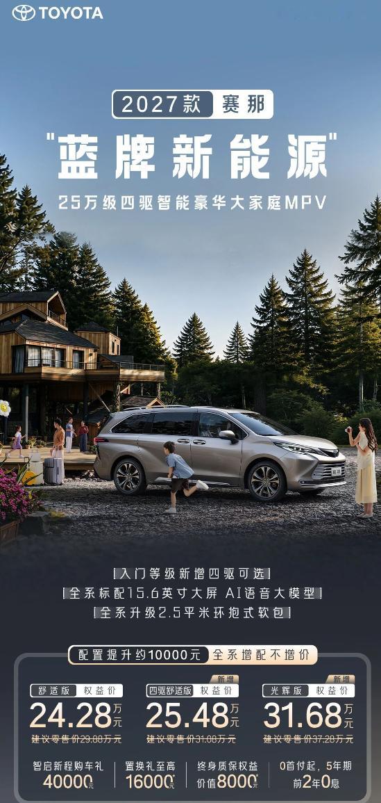 车若初见 2027款赛那正式上市，24.28万起，增配了大概1万块钱的配置，价格