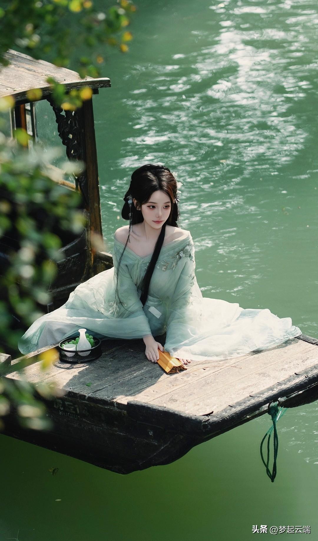 “古风美人倚木船，静看碧波荡漾”🌸💦