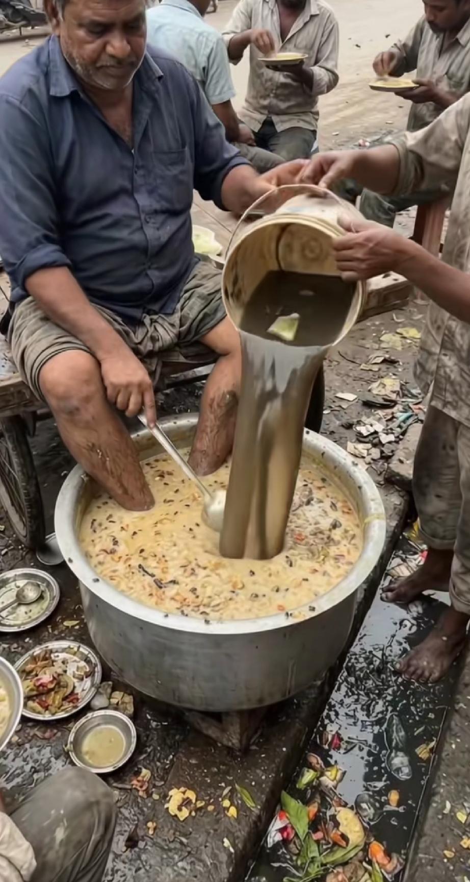 谁见过印度街头美食的“沉浸式操作”吗

一口巨型大锅，老板直接把双腿泡进锅里，旁