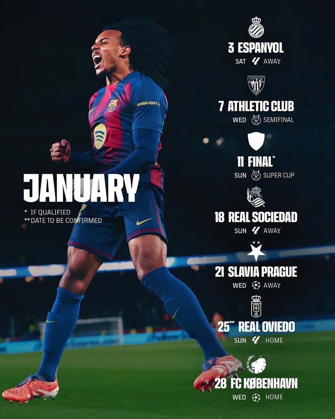 ⚽西甲+西班牙超级杯+欧冠三线并行🆚🆕2026年一月请你对巴萨好一点🙏🏻