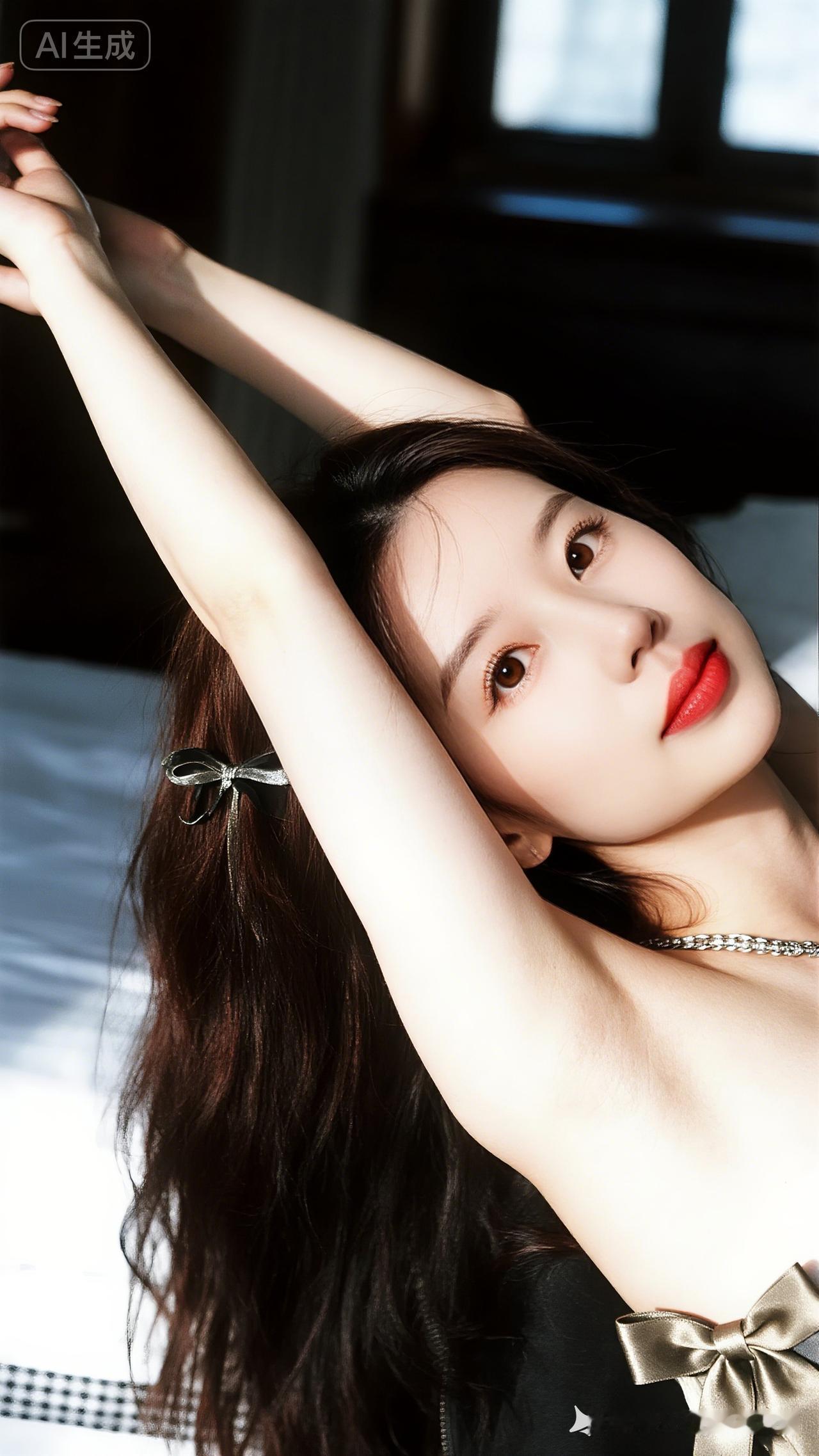 晨光快照，湛佳琳风格钝感力少女，洋娃娃脸眼睑下至，深栗棕森系发丝带半扎，晨光勾发