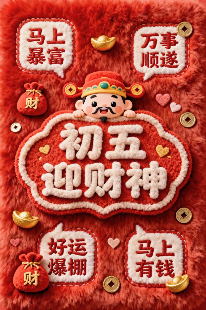 迎财神初五破五迎财神，送走穷神迎富贵。 愿您烦恼全消，好运全到，金银财宝滚滚来，