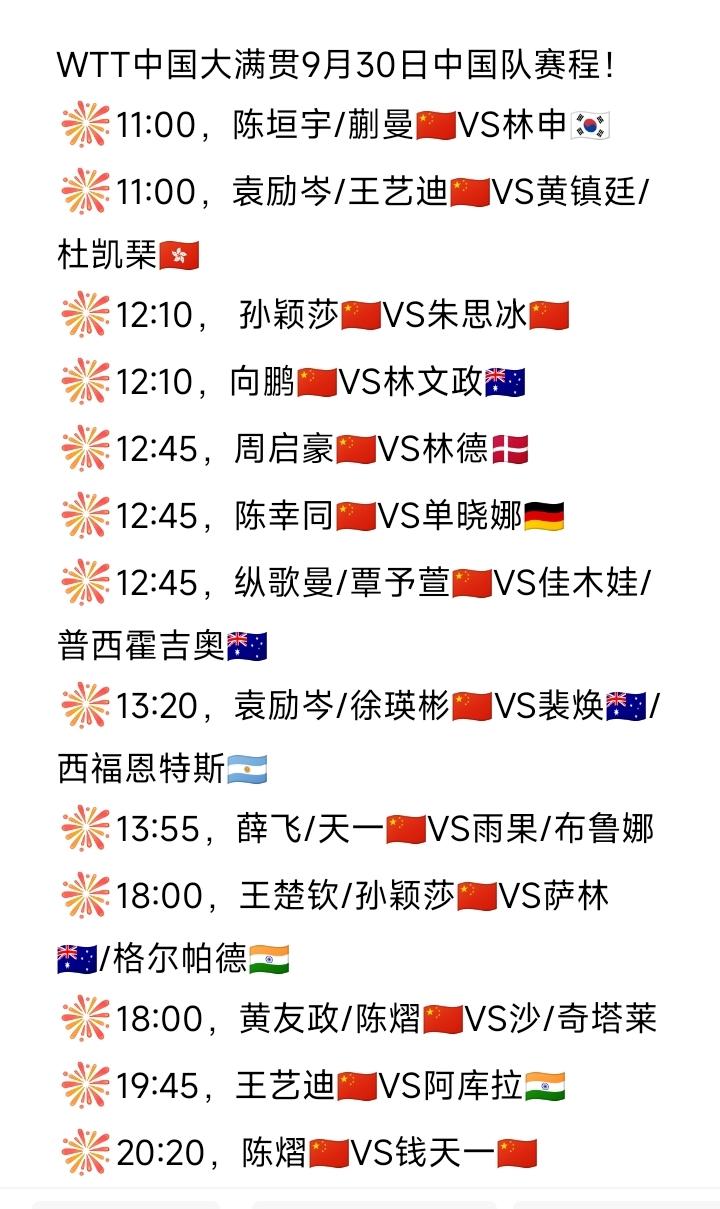 一睹为快！
明日（9月30日，周二）赛程来喽[大笑]！
WTT中国大满贯9月30
