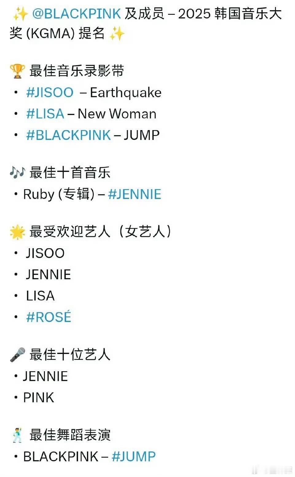 BLACKPINK🖤🩷✨BLACKPINK最受欢迎艺人全员提名 ​​​