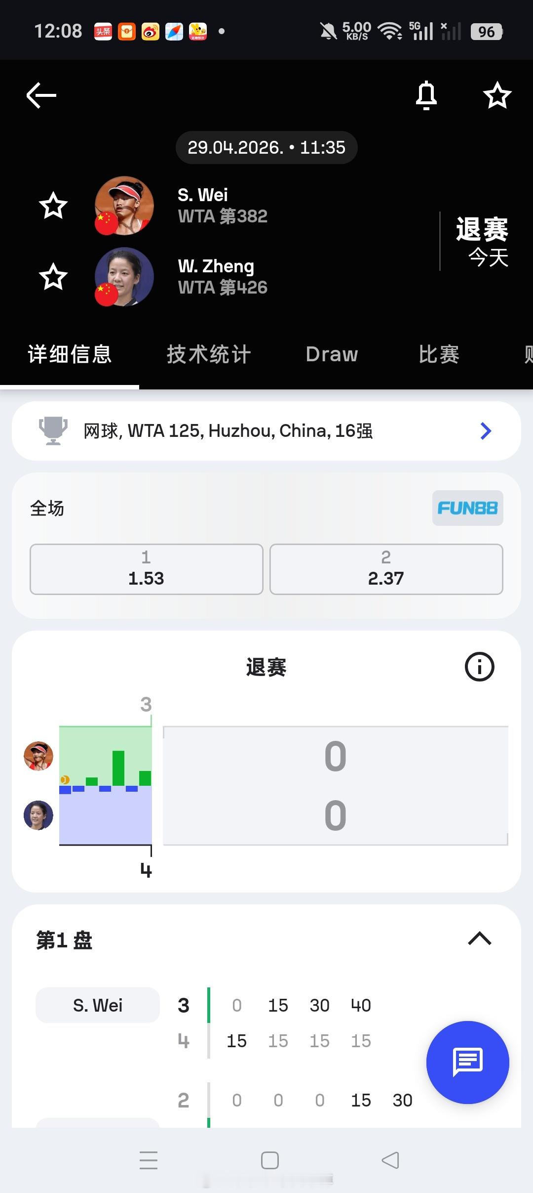 小花小草资讯 【湖州WTA125】女单第二轮🇨🇳郑妩双在首盘4-3领先🇨?