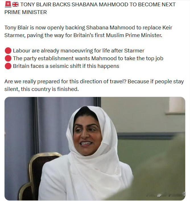 前英国首相托尼·布莱尔支持沙巴娜·马哈穆德成为下一任首相

托尼·布莱尔现在公开