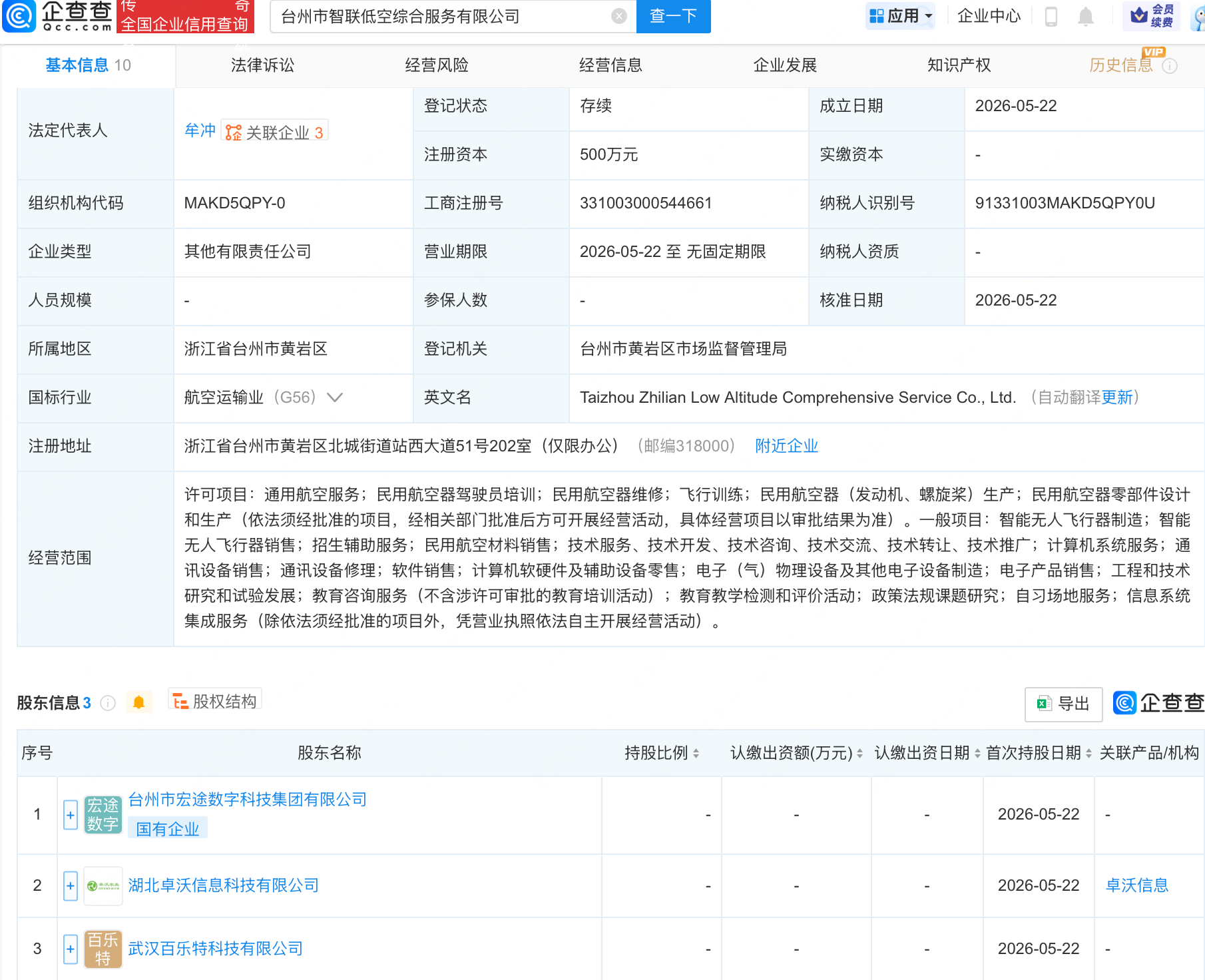 台州市智联低空综合服务公司登记成立