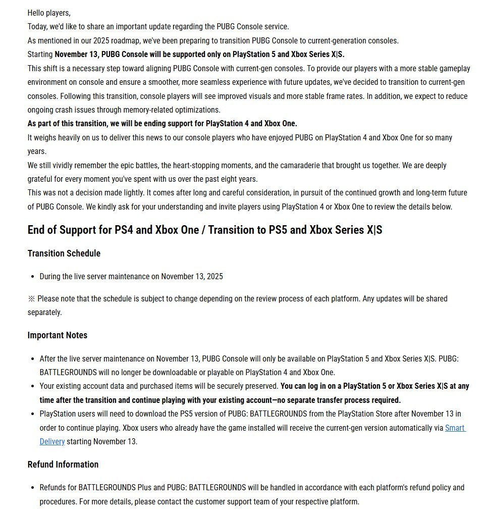 【《绝地求生》将停止对PS4和XB1支持】《绝地求生》官方现已发布公告，将于 1