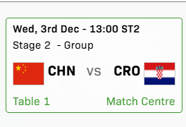 比赛安排：12.3 13:00 T1中国vs克罗地亚12.4 10:00 T1中