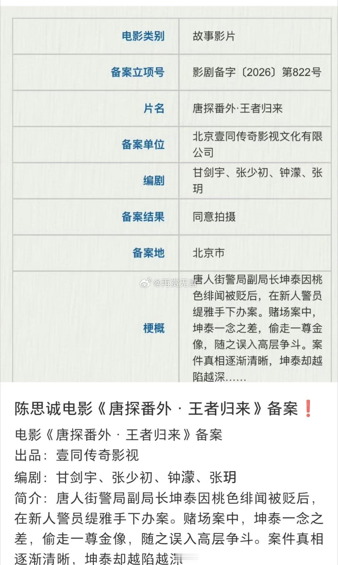 🍉陈思诚大制作电影（唐探番外·王者归来）项目启动备案，即将开机选角。主演：刘昊