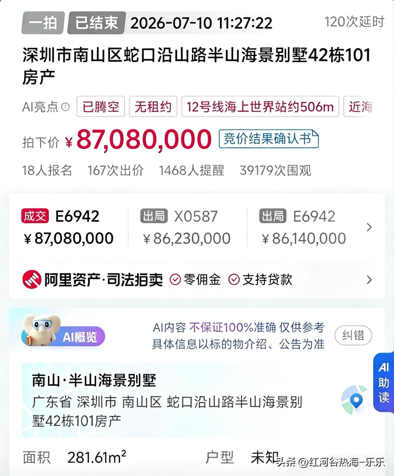 近日，深圳南山蛇口一套半山海景别墅法拍，经过18位买家、167轮竞价，最终870