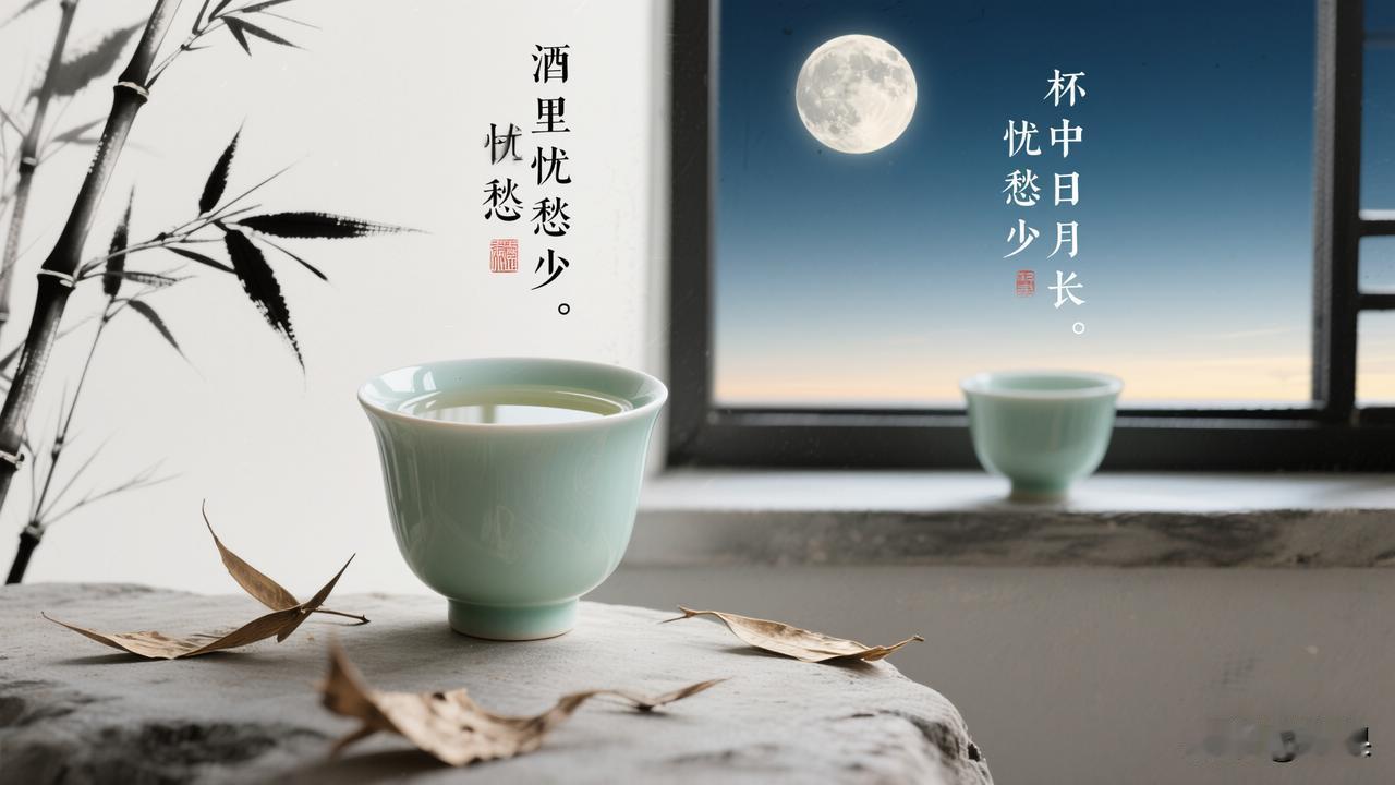 赏析：这幅下联“杯中日月长”与上联“酒里忧愁少”相映成趣。从内容上，“杯中”与“