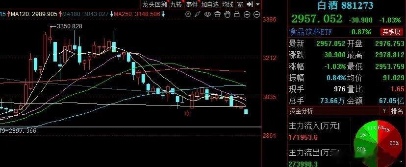 白酒下跌、短期还将弱势走低为主！！！今天白酒再度破位下跌，目前位置跌幅还不小已经