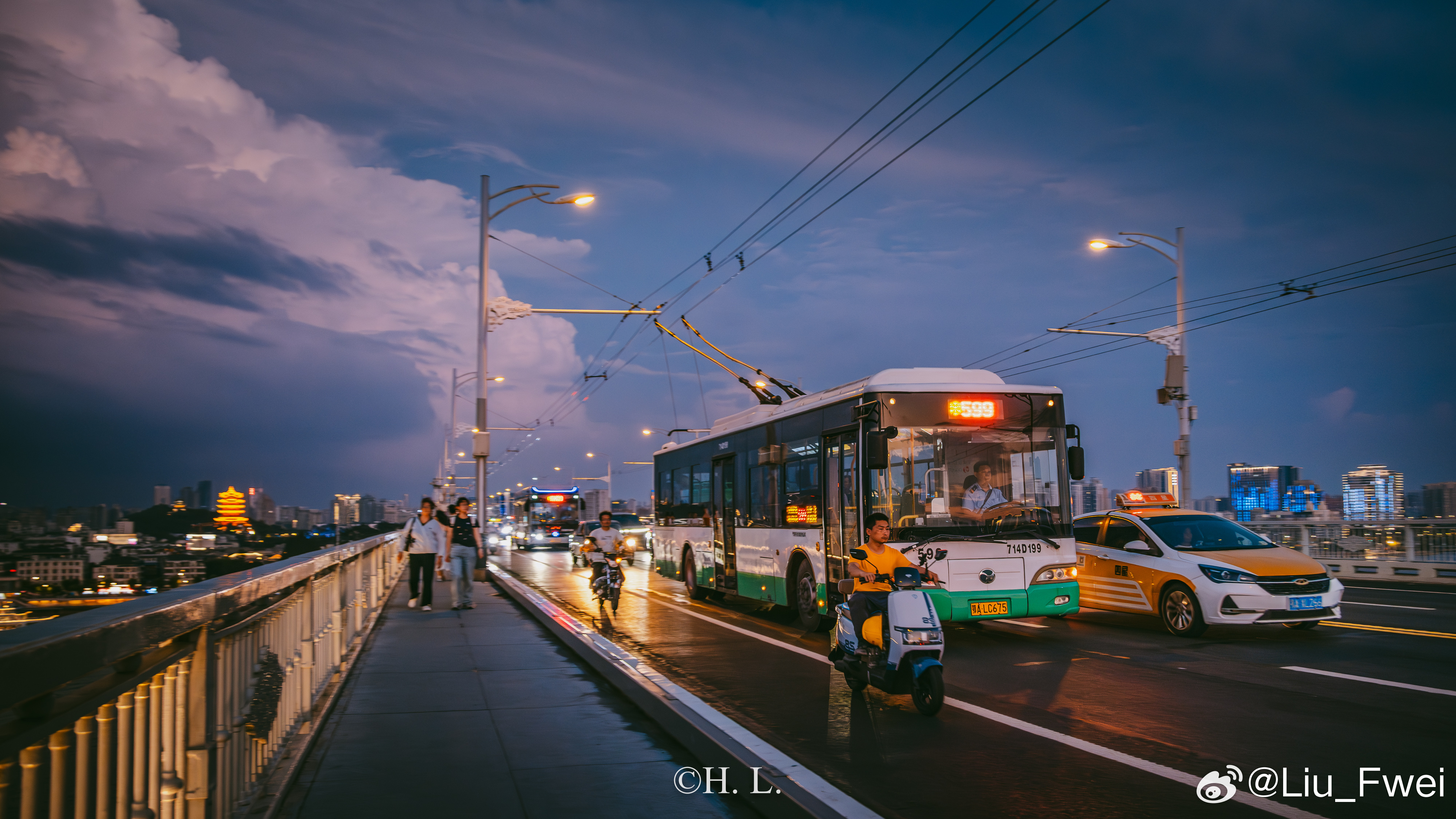 武汉599路扬子江牌无轨电车，武汉长江大桥。2025年。 