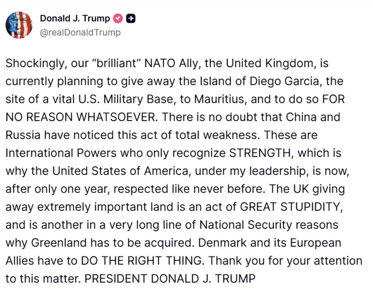 特朗普：英国拱手让出迭戈·加西亚岛是“极其愚蠢”的行为

据报道，英国考虑将迪戈