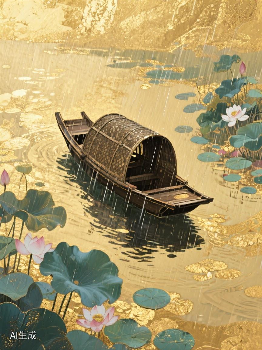 AI妙生图金雨中，古舟静泊荷池，时光在此缱绻，似有故事，只待心去探寻。