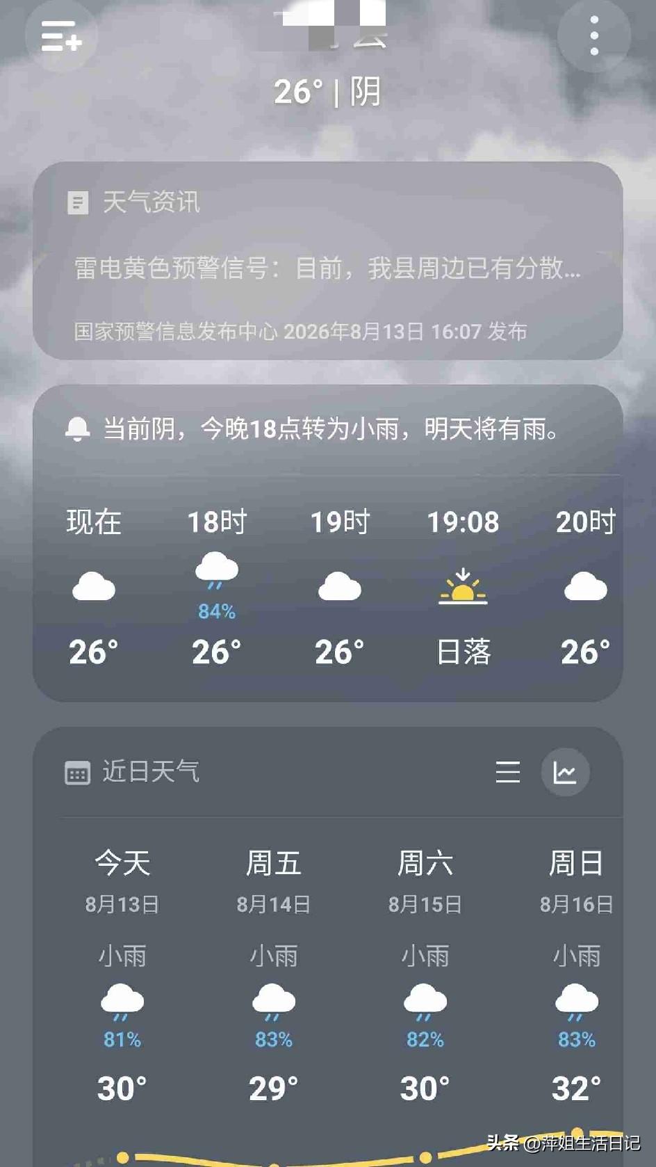 今天的气温30℃/22℃，空气优，阴天。
这会，憋了一天的大雨算是下来了，又凉快