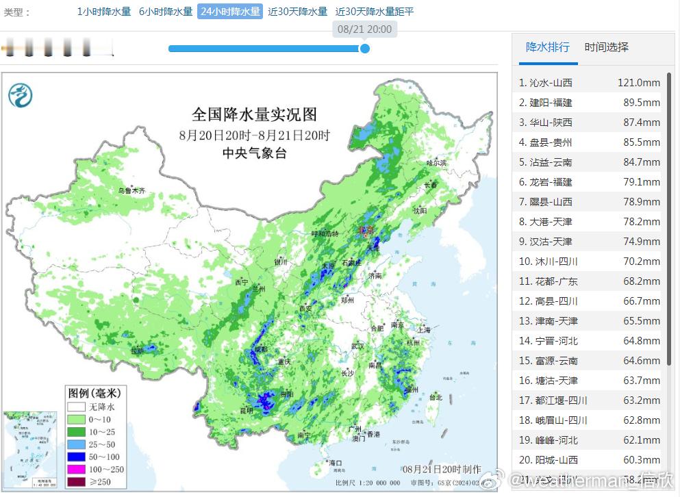【强降雨】昨晚到今天，季风气流、高空槽在副热带高压边缘，导致了大量的降雨。山西沁