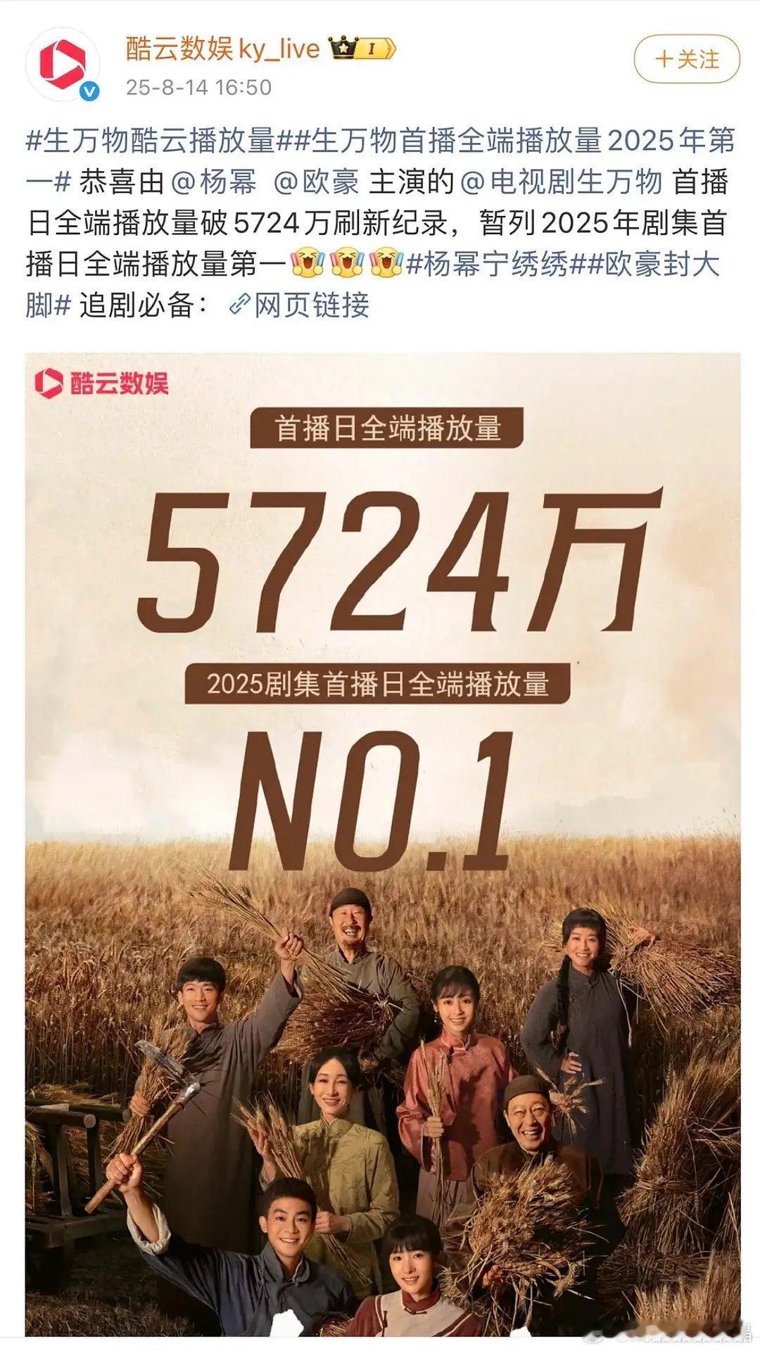 恭喜杨幂生万物拿下酷云2025年剧集首播日全端播放量第一！ ​​​