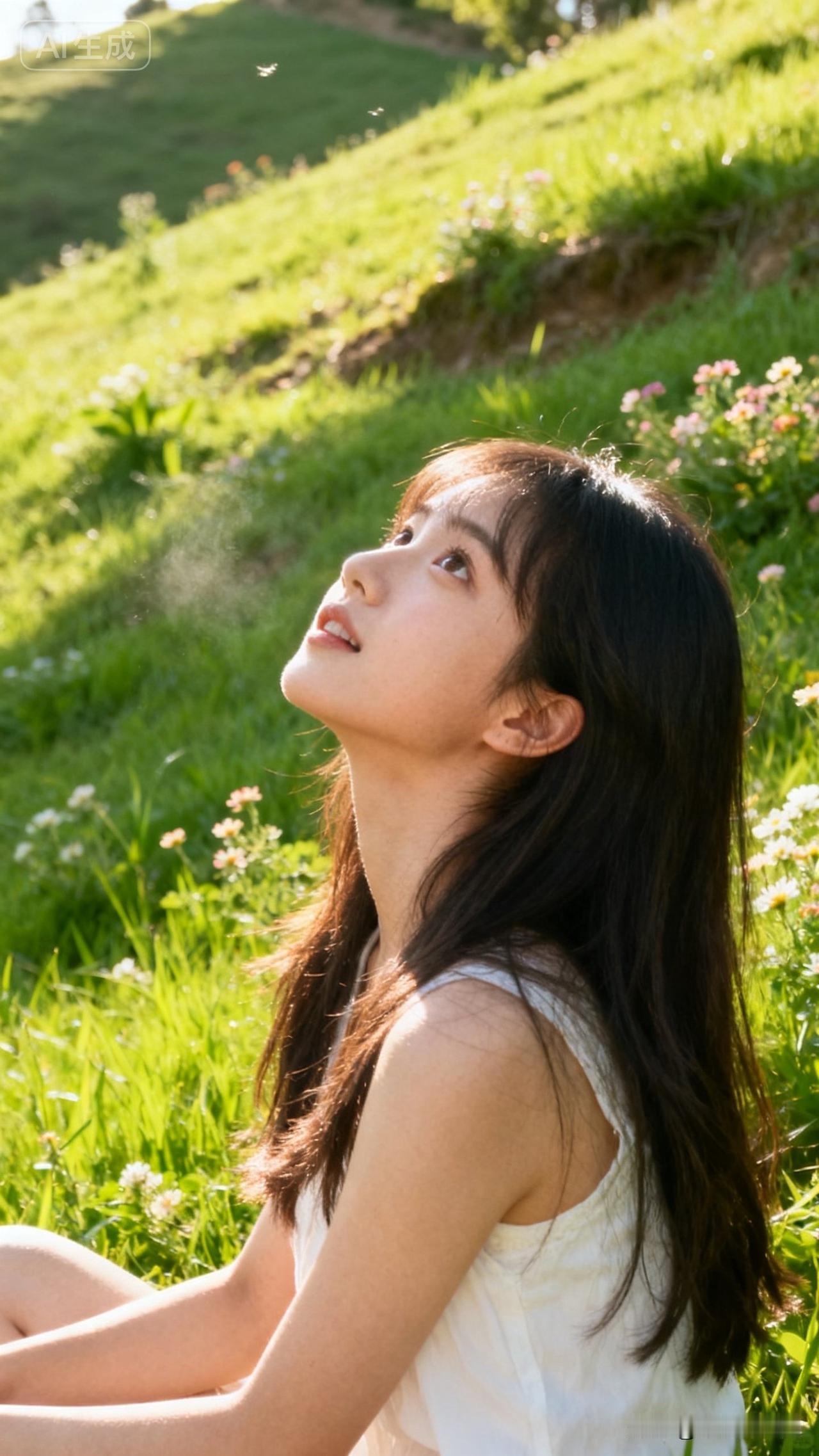 阳光明媚，女孩在草地上微笑。