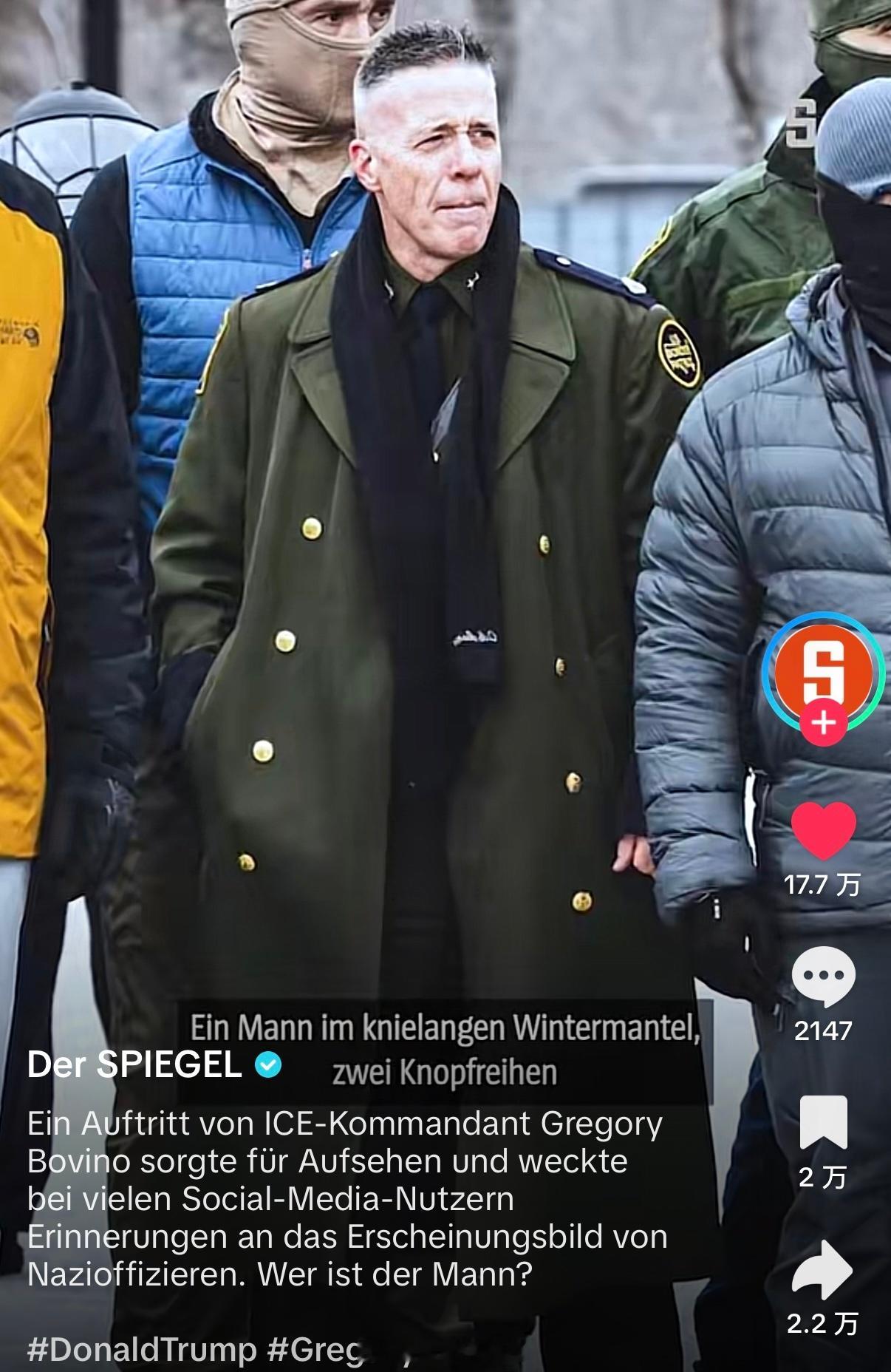 德国媒体对ICE头子博维诺进行了报道，表示他的造型让许多社交媒体用户想起了纳粹军