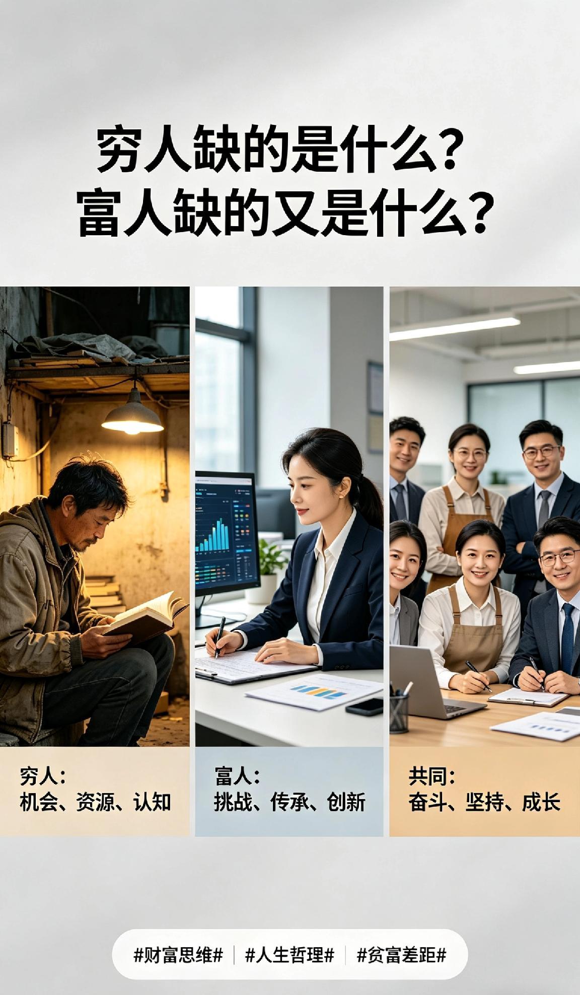 穷人缺机会、缺资源，更缺“敢跳出舒适圈”的勇气，习惯被现状困住，怕输、怕折腾，最