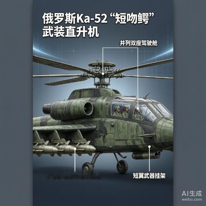 军事ai新视野 俄罗斯Ka-52“短吻鳄”武装直升机Ka-52“短吻鳄”是卡莫夫