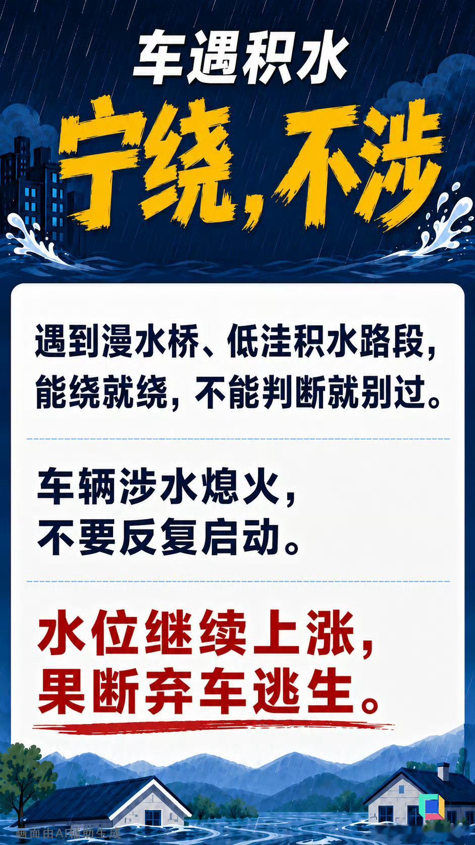 【洪水避险记住快高避稳】暴雨洪水中记住这几件事 愿雨早停，水早退，所有人都平安。