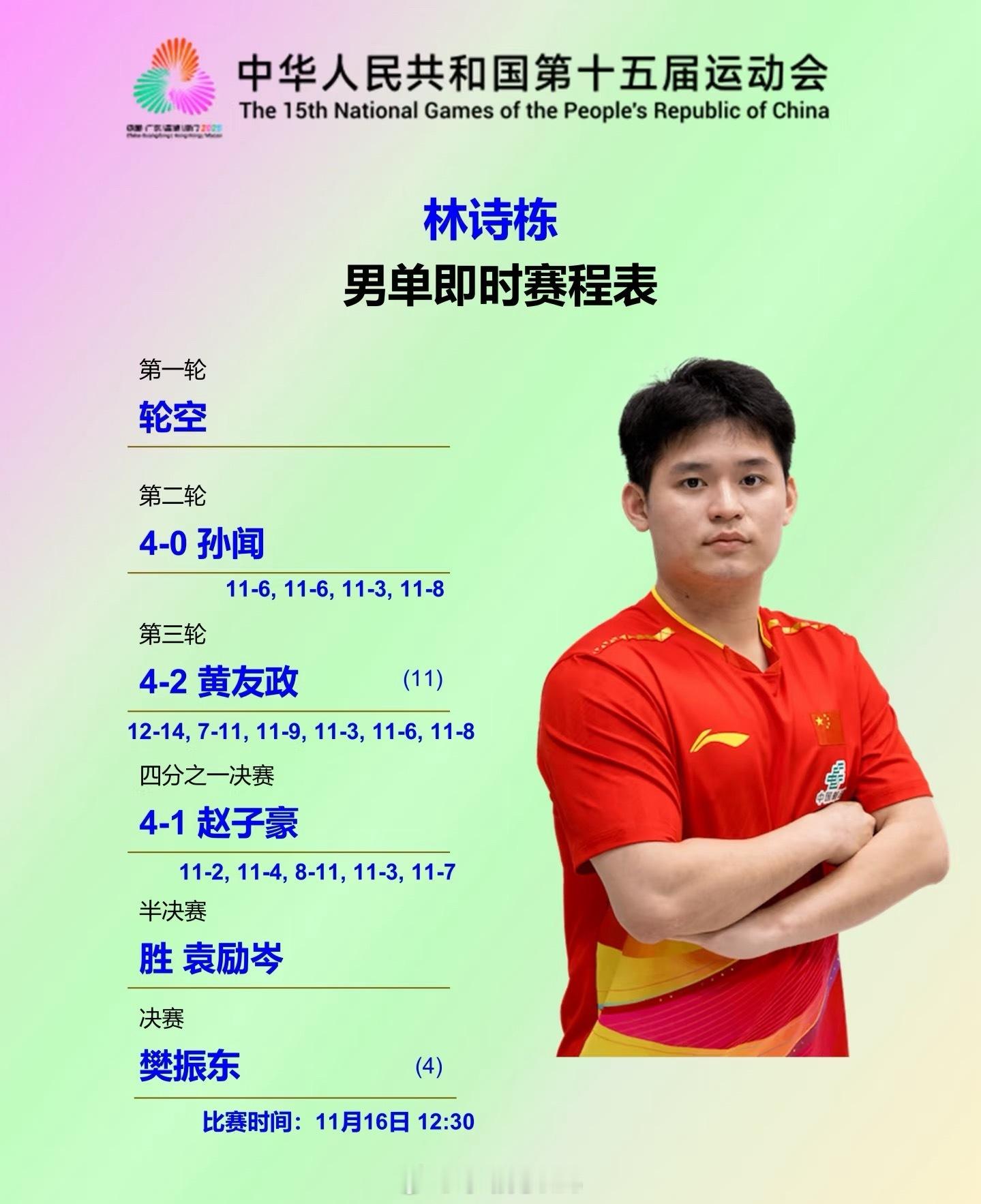林诗栋全运会赛程 决赛VS樊振东男单决赛及铜牌赛赛程预告（11.16）2025年