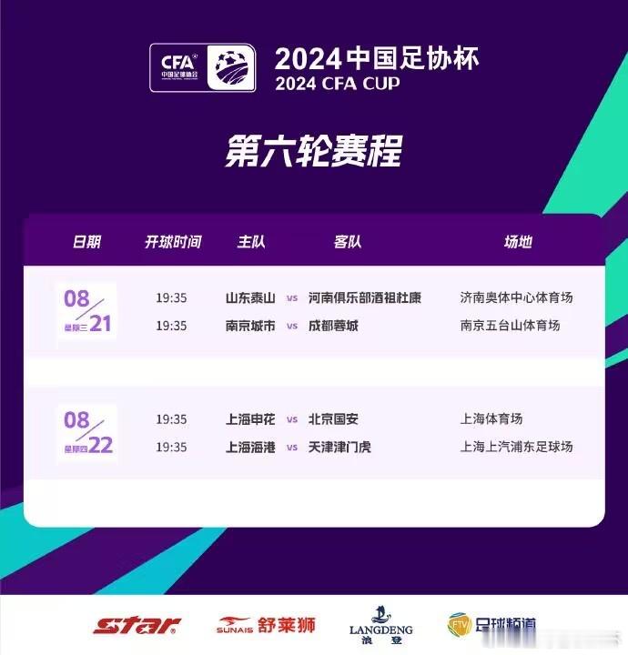 官方消息，足协杯第6轮的赛程安排已经确定，4场比赛将分别在8月21日和22日进行