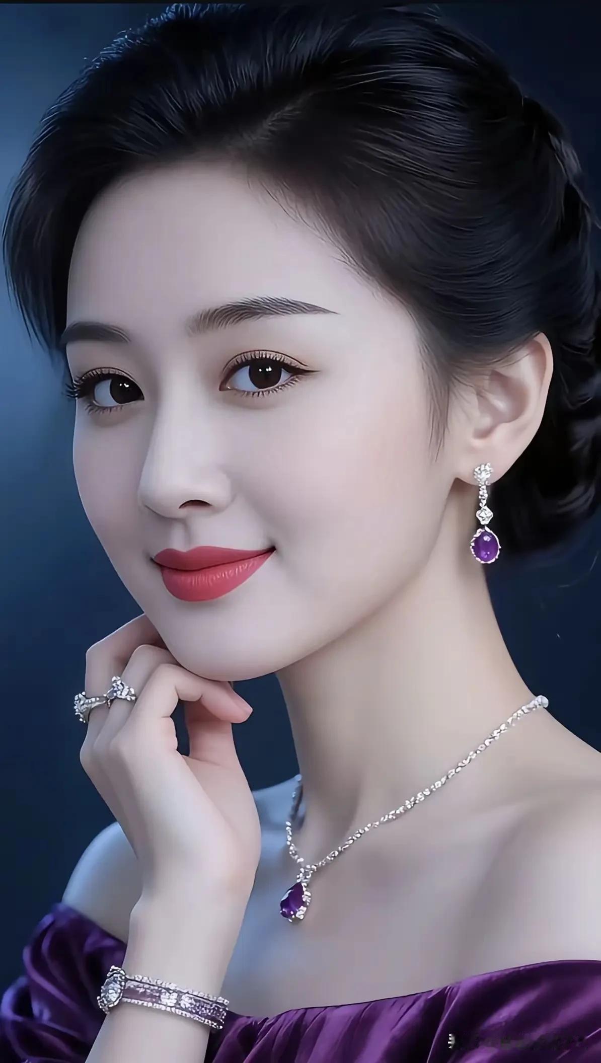水仙子·紫妍
 
云鬟绾玉衬芳颜，紫宝流光映素肩，柔荑轻托清欢面。嫣然浅笑间，一
