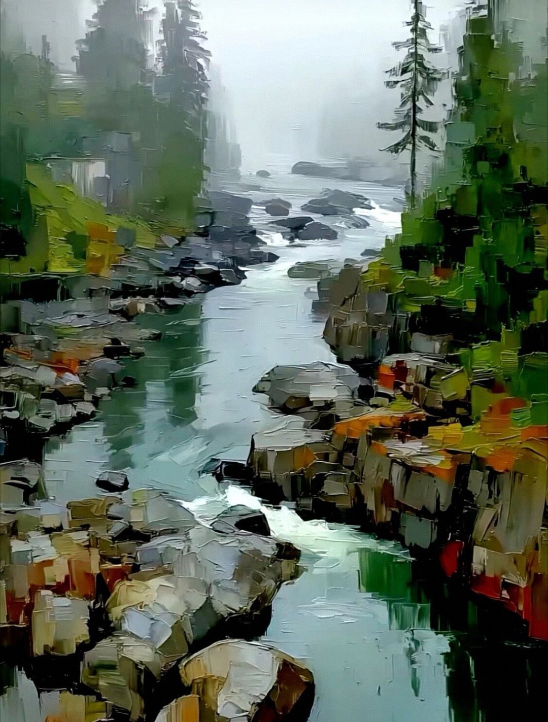 没有细腻的描摹，依靠刮刀的块面、色彩的冷暖，风、浪、阳光、秋意全都跃然画布之上。