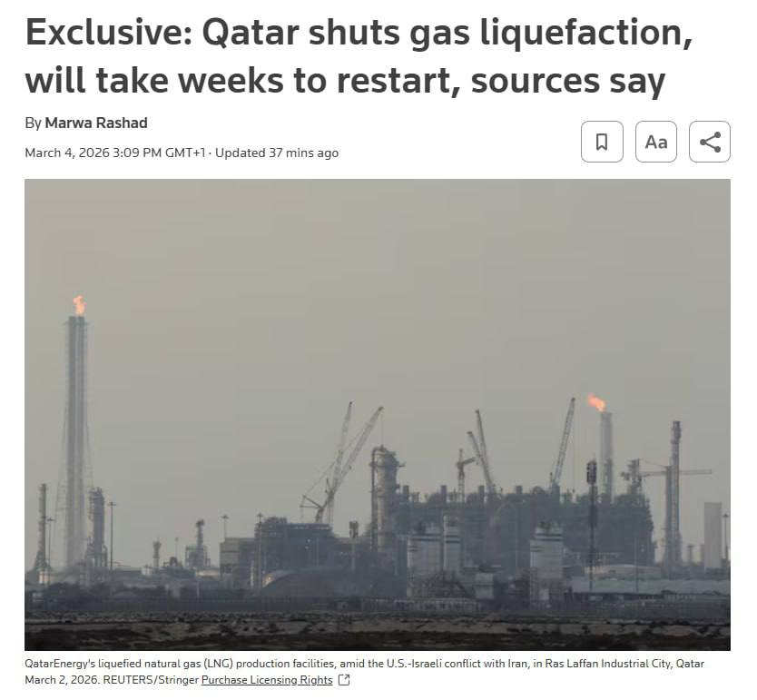 🔻路透社报道：卡塔尔已正式全面停止拉斯拉凡（Ras Laffan）的天然气液化