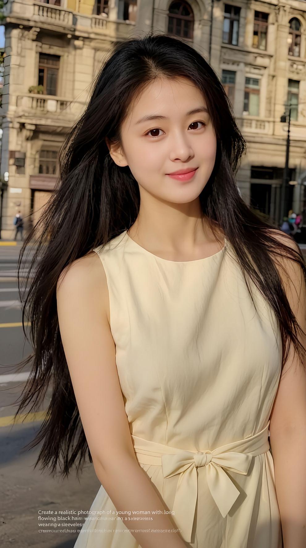 阳光下的甜美少女，浅黄色连衣裙，微笑动人