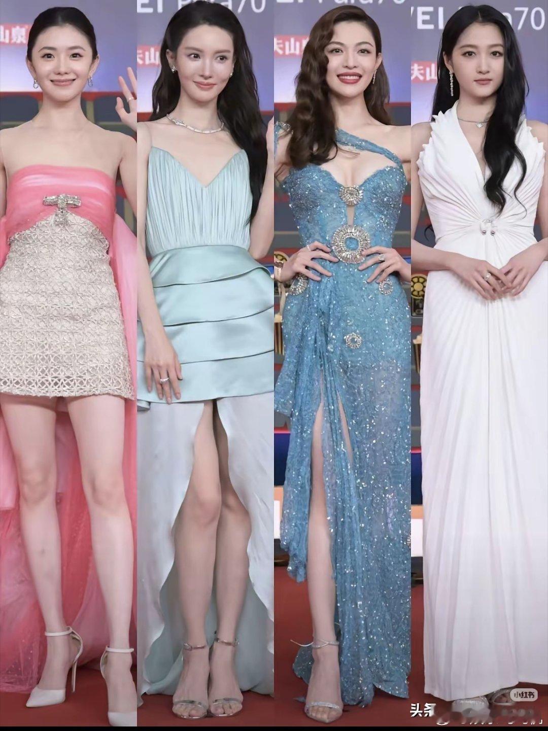 刘浩存、金晨、钟楚曦和关晓彤四位美女站在一起，本来刘浩存比金晨矮个六厘米，但摄影