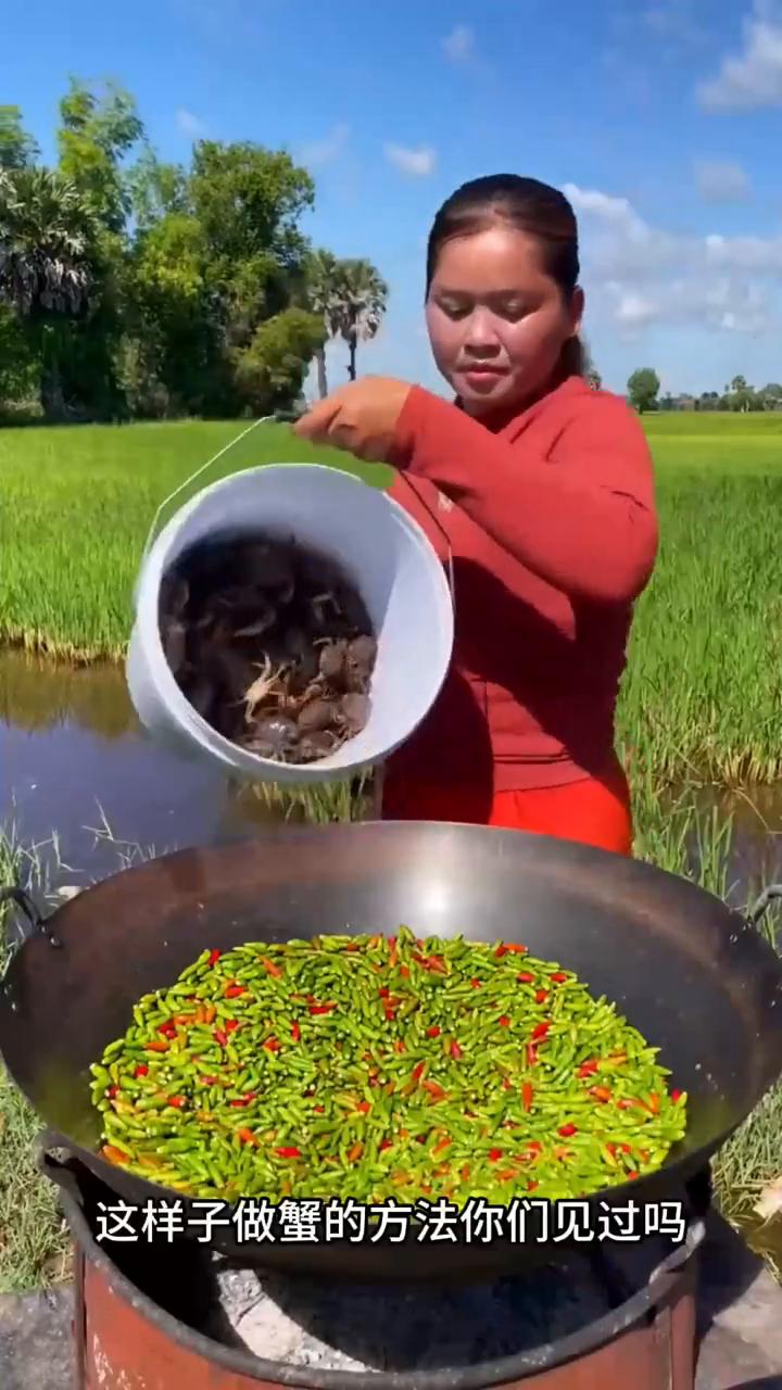 制作酸辣蟹。
这样子做蟹的方法你们见过吗？
·一锅的青红辣椒，然后倒入一桶蟹，再