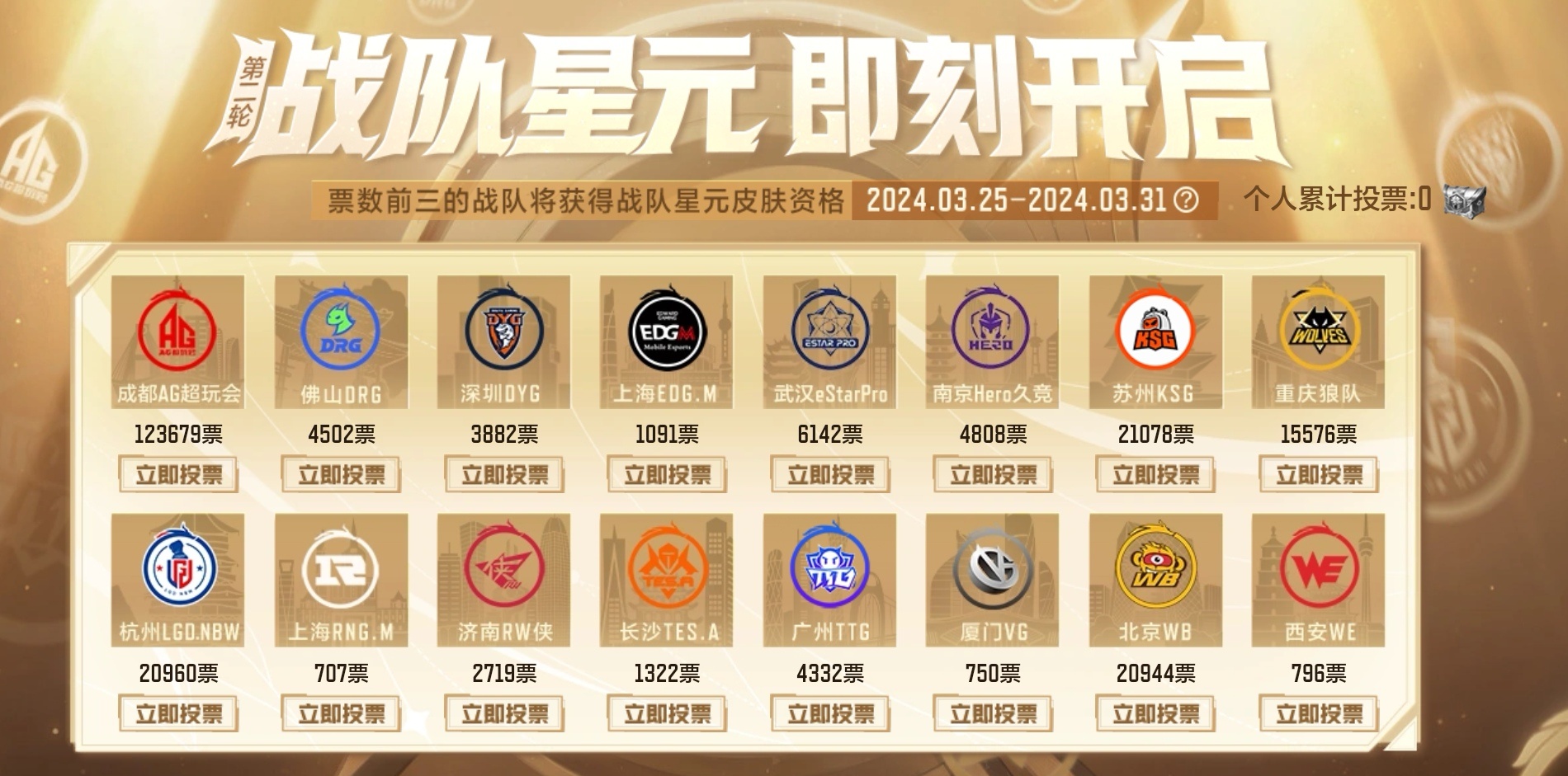 #王者荣耀战队星元计划# [热卖][热卖]目前最新的投票结果：第一名：AG   