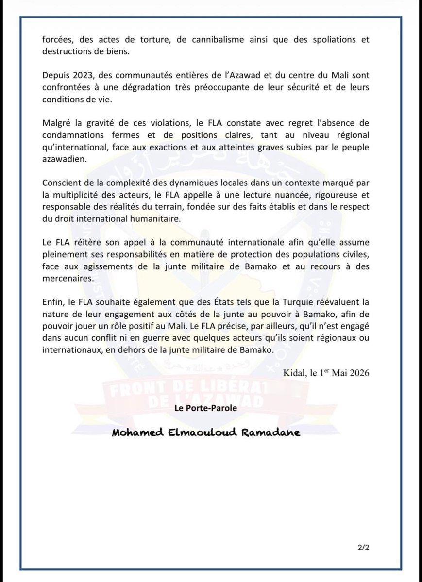🇲🇱❗“阿扎瓦德解放阵线”呼吁土耳其重新审视其与巴马科执政军政府的合作立场，