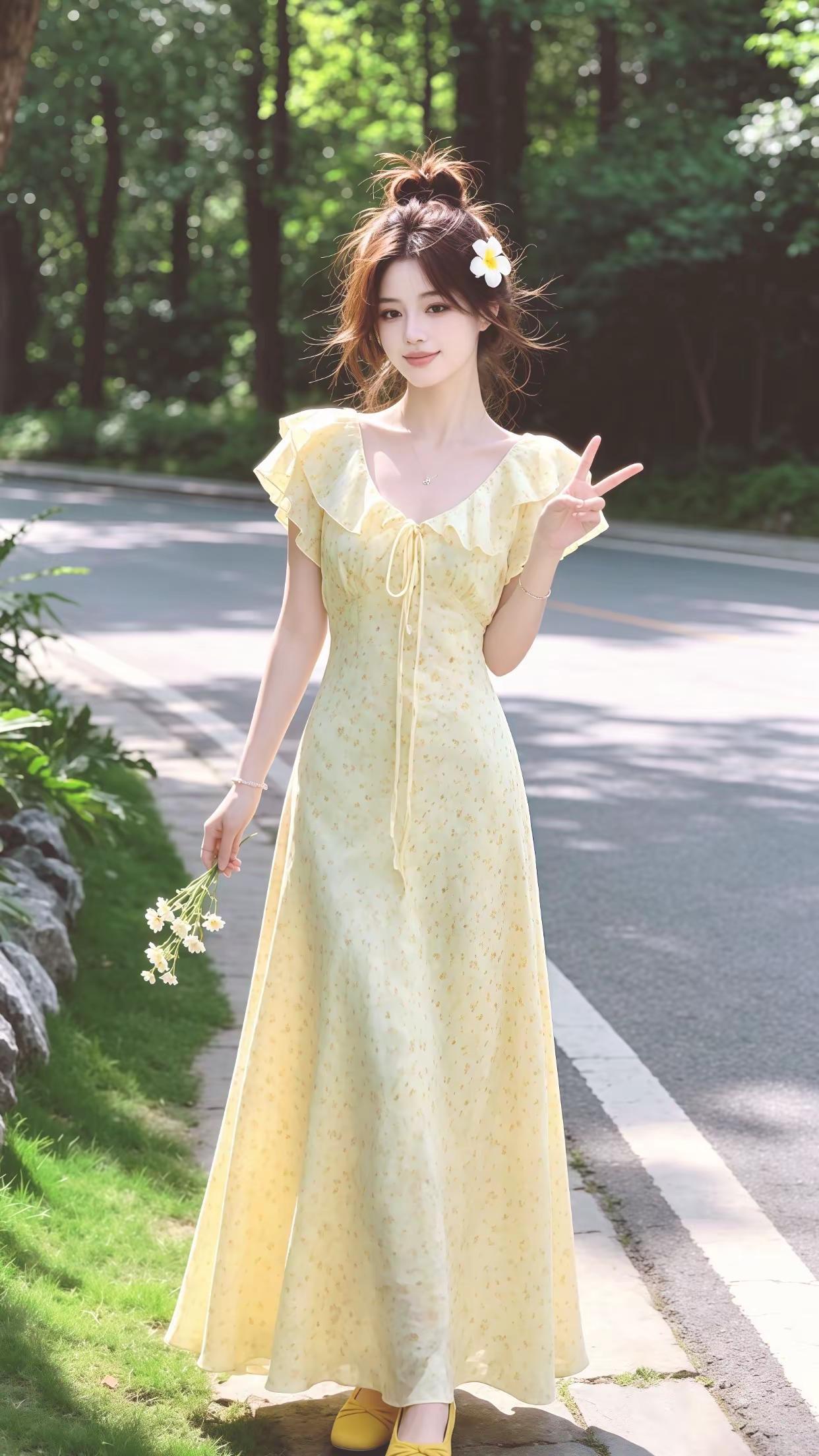 谁懂啊！这条黄碎花裙太绝了！荷叶边V领+收腰大摆，遮肉显高，甜妹通勤都好穿，夏日