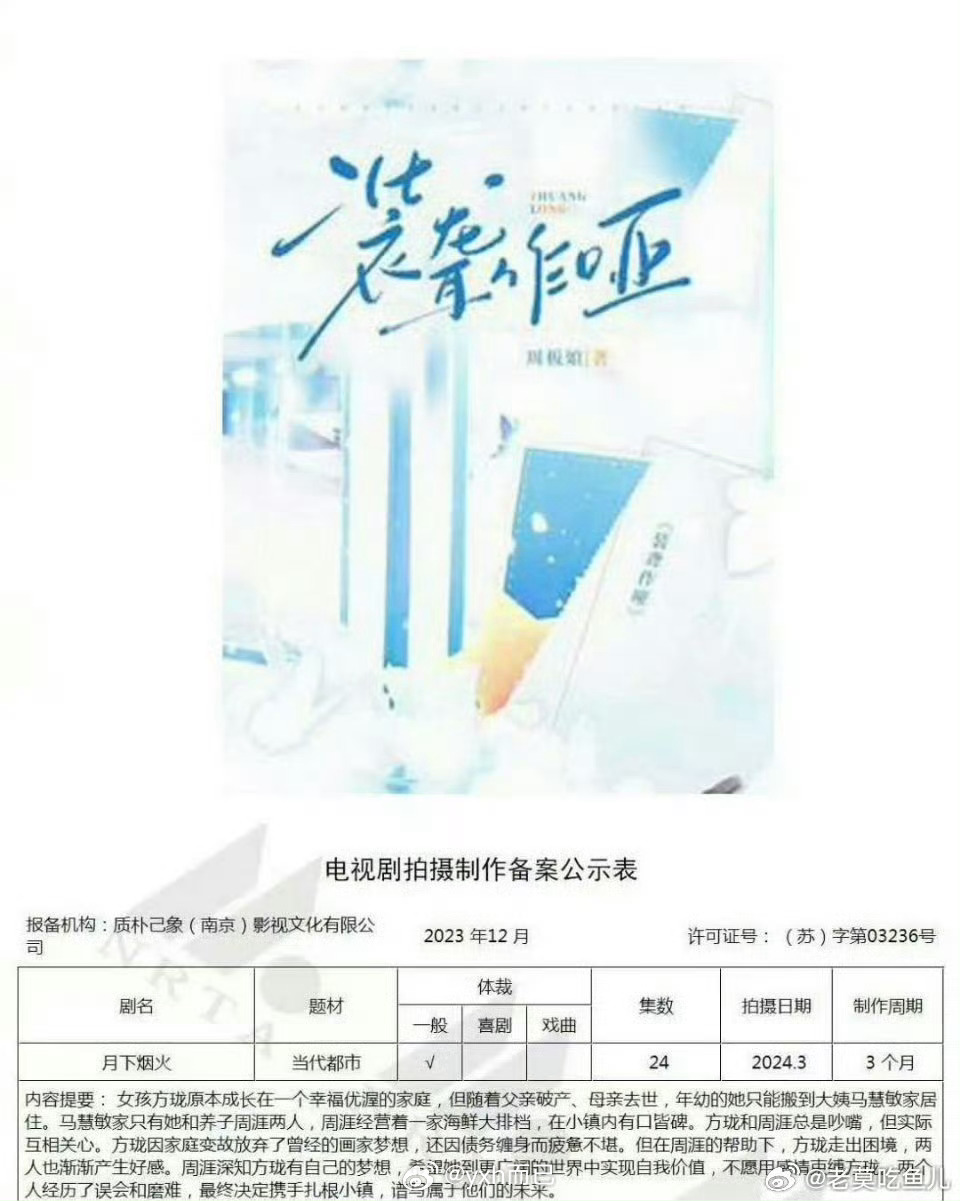 都市剧《月下烟火》（装聋作哑）主演：屈楚萧 周板娘的po文，男主又是糙汉 ➕伪骨