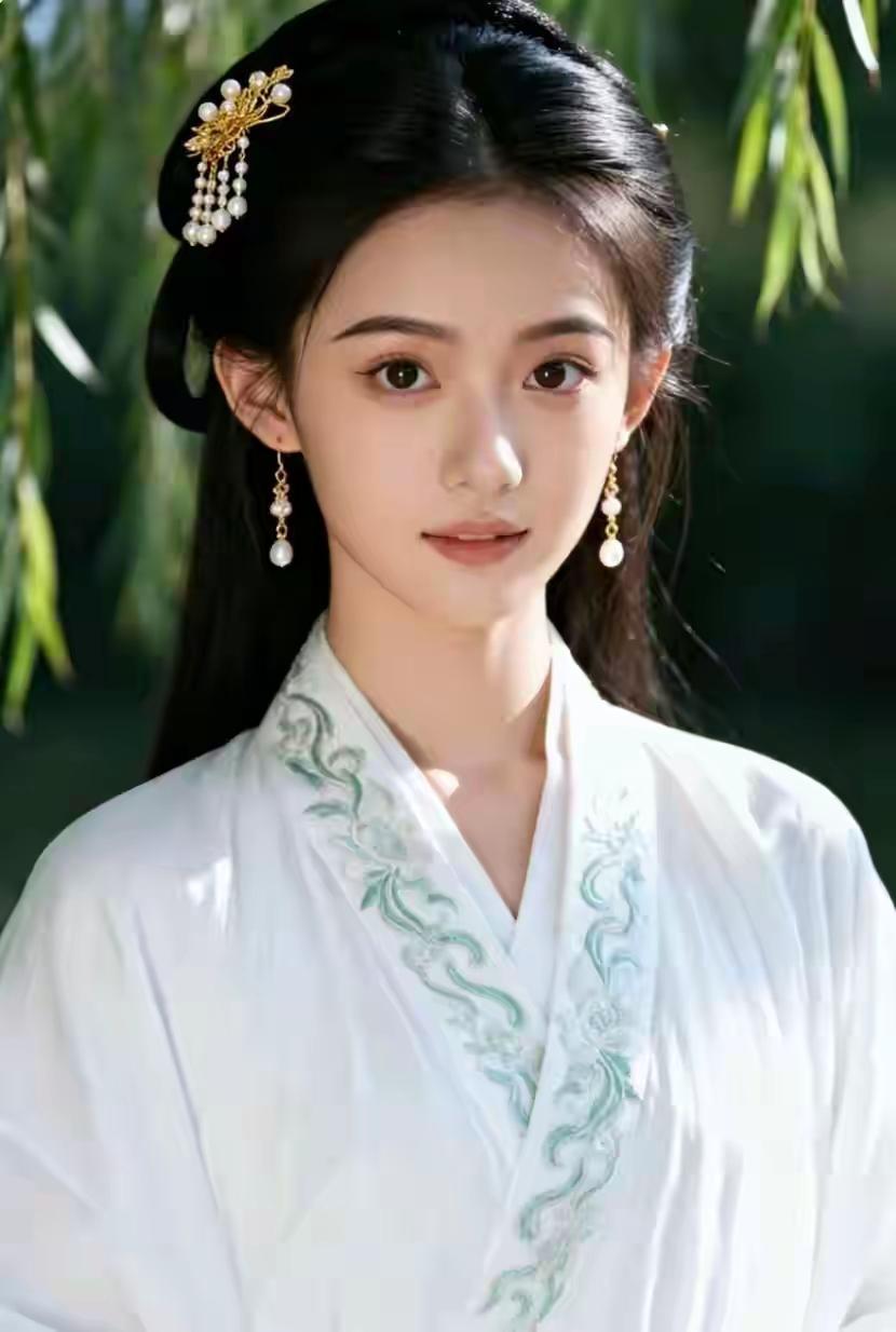 清江引·柳岸仙娥
柳丝翠拂晴川畔，
仙袂临风展。
缟衣雪色凝，
绫领云莲现。
金