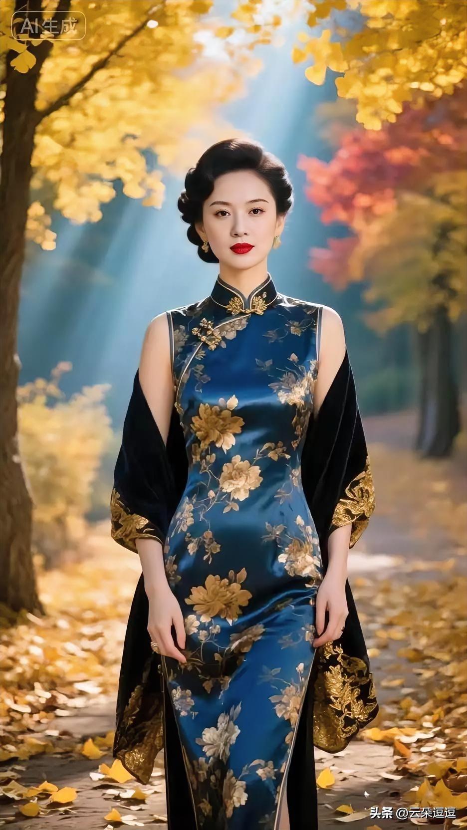 秋日暖阳下，旗袍美人漫步在落叶铺满的小径上，尽显优雅与古典之美。