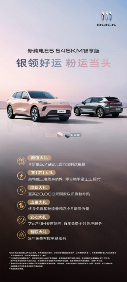 十月购车季，别克纯电E5带来多重惊喜优惠。购买别克纯电 E5 先享版，可在 14