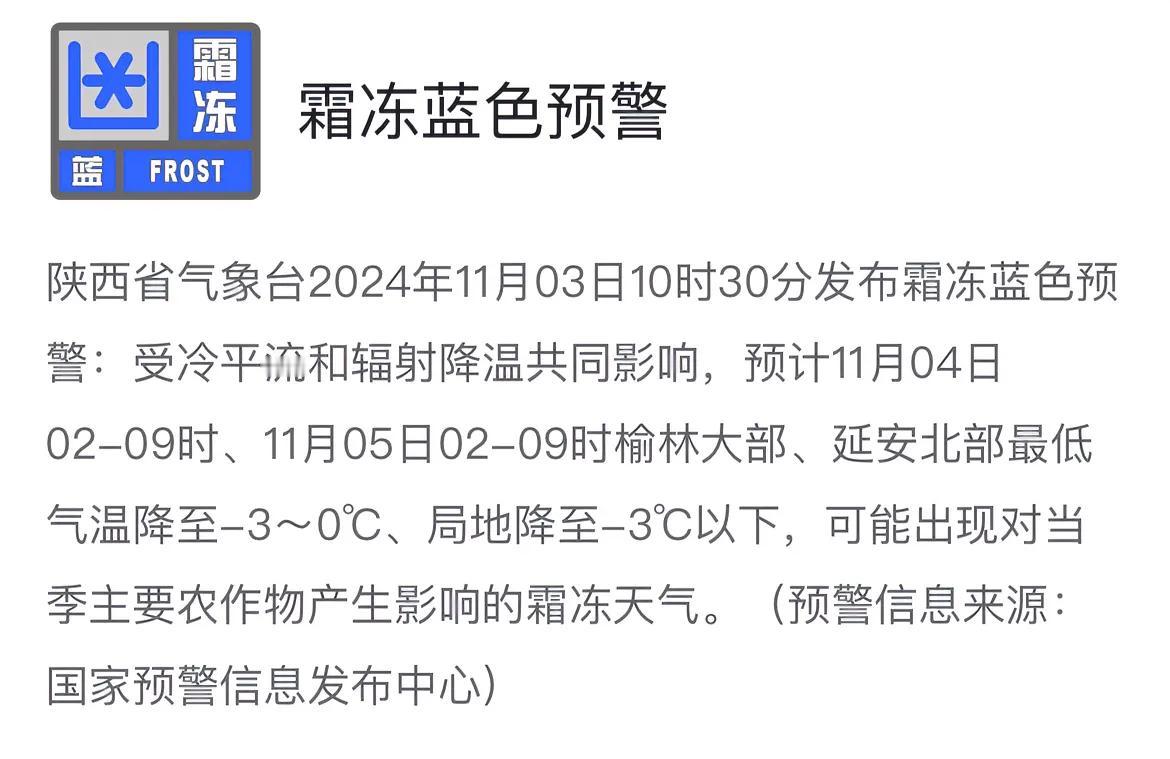 #天气预警# 陕西省气象台发布霜冻蓝色预警